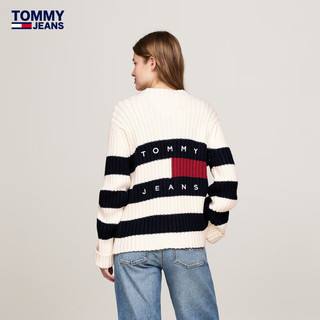 TOMMY JEANS24新款秋冬女含羊毛混纺条纹肌理感宽松针织开衫DW0DW18676 蓝白红拼色YBH