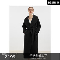 伊芙丽设计感大翻领中长款腰带收腰双面呢大衣2024秋季女装外套 黑色 160/84A/M 110-125斤