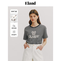 ELANDEland衣恋条纹T恤女圆领宽松黑白条纹纯棉短袖上衣2024夏季 深灰色(17)D/Grey M/165