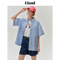 ELAND衣恋条纹衬衫女短袖印花oversize宽松学院风夏季 蓝色(50)Blue L/170