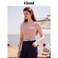 ELAND衣恋T恤女圆领修身条纹中袖棉t上衣学院风基础款夏 红色(20)Red M/165