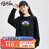 佐丹奴卫衣女休闲文艺风减龄印花女生圆领长袖套头衫99394332 04黑色 L
