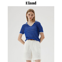 ELAND衣恋针织T恤女H型v领镂空短袖2024夏季 宝蓝色(63)Royal S/160