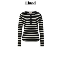 ELAND条纹T恤女百搭风罗纹弹力长袖棉感舒适条纹上衣 黑色(19)Black L/170