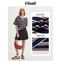 ELAND衣恋短袖T恤女撞色POLO领宽松棉感直筒短款上衣2024夏季 藏青色(59)Navy L/170