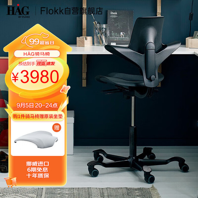 Flokk HAG骑马椅电脑椅办公椅子人体工学椅椅子学习久坐舒服 黑色中号