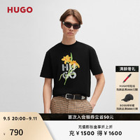 HUGO 男士24秋季花卉艺术风图案棉质平纹针织宽松T恤 001-黑色 S