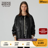 Teenie Weenie小熊撞色皮衣女2024冬季女外套 黑色 170/L