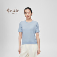 鄂尔多斯1980 圆领薄款短袖女24年秋桑蚕丝棉混纺宽松针织T恤 冰河蓝 160/84A/M