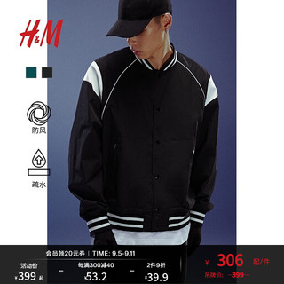 H&M男装女装夹克2024秋时尚宽松立领棒球服飞行员夹克1238237 黑色/白色 165/84