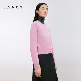 朗姿/LANCY2024冬100%山羊绒圆领短款针织开衫修身显瘦上衣女 亮粉色 3XL