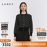 朗姿/LANCY2024冬新款黑白撞色波点设计感羊毛圆领短款针织开衫女 黑色