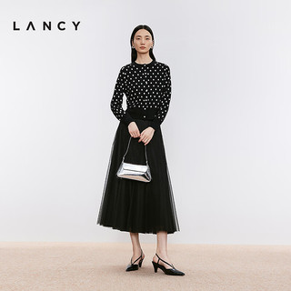 朗姿/LANCY2024冬新款黑白撞色波点设计感羊毛圆领短款针织开衫女 黑色