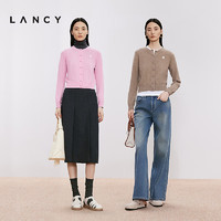 朗姿/LANCY2024冬100%山羊绒圆领短款针织开衫修身显瘦上衣女 亮粉色 L