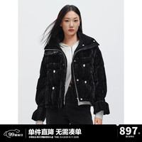 太平鸟女装丝绒闪片羽绒服冬立领保暖面包服休闲外套90白鸭绒 黑色 M