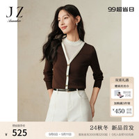 玖姿·安娜蔻轻熟风柔软羊毛花边长袖套头衫针织衫女装2024冬季 深咖啡 XL