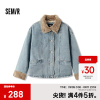 森马（Semir）牛仔棉服女拼接毛领美式复古2024冬宽松毛边夹克街头潮流 牛仔浅中蓝88601 XXL 175/96A