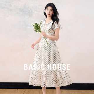 Basic House/百家好法式复古波点连衣裙夏季荷叶边中长款裙子 杏色 L