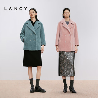 朗姿/LANCY2024冬高级感羊剪绒外套女颗粒纯羊毛大衣毛呢外套 灰粉色 L