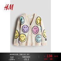 H&M童装女童毛衣2024秋季提花印花V领长袖针织开衫外套1241951 浅米色/SmileyWorld 130/64 6-8Y