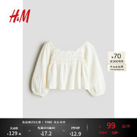 H&M2024秋季童装女童纯色柔软休闲汗布缩褶上衣1237466 白色 120/60 4-6Y