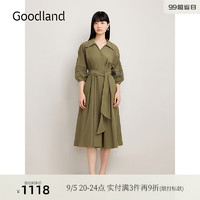 音儿（YINER）Goodland美地2024秋季蕾丝花边刺绣绉感衬衫连衣裙 军绿 38