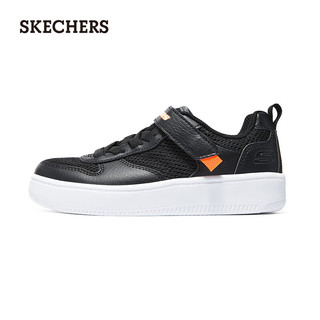 斯凯奇（Skechers）潮流男童休闲板鞋皮革拼接网布405698L 黑色/炭灰色/BKCC 33码