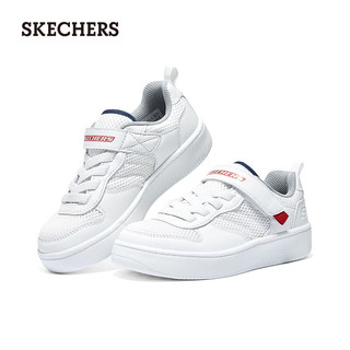 斯凯奇（Skechers）潮流男童休闲板鞋皮革拼接网布405698L 白色/WHT 35码