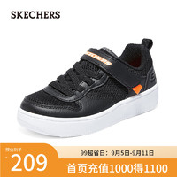 斯凯奇（Skechers）潮流男童休闲板鞋皮革拼接网布405698L 黑色/炭灰色/BKCC 35码