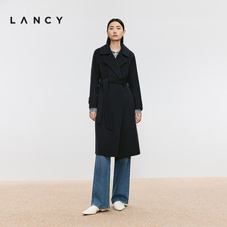 朗姿/LANCY2024冬季丝毛黑色双面呢大衣中长款百搭毛呢外套女 深藏青色 L