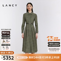 朗姿/LANCY24冬季老钱印花收腰衬衫裙长袖精致通勤连衣裙女 卡其绿色 L