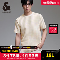 杰克·琼斯（JACK&JONES）男装衣服夏季男士短袖T恤经典条纹圆领刺绣logo纯棉短袖上衣男款