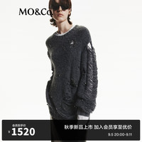MO&Co.2024秋新品漏针破洞黑钻饰绵羊毛混纺宽松毛衣MBD3SWT005