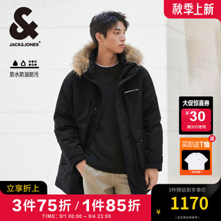 杰克·琼斯（JACK&JONES）男装衣服秋冬商务休闲拼色连帽中长款派克工装大毛领羽绒服外套男 E40 黑色 170/92A/S