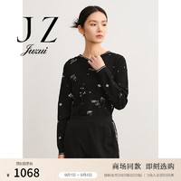 玖姿（JUZUI）潮流英文字母绣花针织衫女2024秋季JWDQ31032 花黑 XS