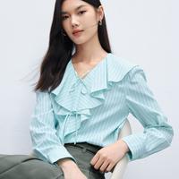 浪漫条纹荷叶边小上衣女通勤气质衬衫女