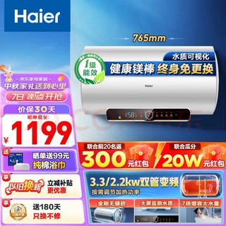 Haier 海尔 电热水器家用储水式3300W速热一级能效卫生间洗澡 智能预约防电墙金刚无缝胆 双管变频PZ3-60L