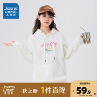 真维斯女装2024秋季 创意个性印花女款宽松休闲连帽卫衣XC 白色8100 165/84A/L
