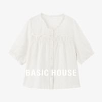 百家好（Basic House）纯色百搭拼接花边夏季休闲甜美风短袖衬衫B0624S5F102 白色 L