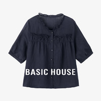 百家好（Basic House）纯色百搭拼接花边夏季休闲甜美风短袖衬衫B0624S5F102 藏青色 S