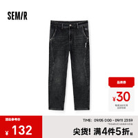 森马（Semir）牛仔裤男2024冬季时尚绣花小脚裤子复古做旧水洗长裤百搭 牛仔黑98301 34