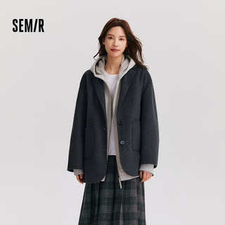 森马（Semir）外套女中长款西装领通勤百搭宽松2024冬含羊毛双面呢夹克 灰色调00322 170/92A/XL