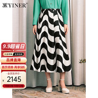 音儿2024年秋季影儿女装绵羊毛桑蚕丝混纺撞色黑白波浪花瓣半身裙 奶油白 42