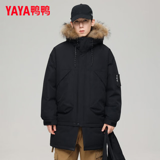 鸭鸭（YAYA）羽绒服男中长款2024年冬季时尚工装连帽大毛领保暖外套JS 黑色 L