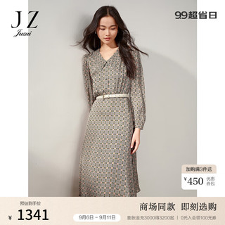 玖姿（JUZUI）新中式复古摩登收腰连衣裙女2024秋JWDQ50055 花黑 3XL