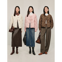 茵曼(INMAN)90白鸭绒牛角扣压花羽绒服2024冬季女装时尚显瘦短款外套 米白色 S