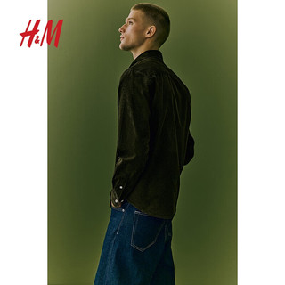 H&M2024秋季男士标准版型灯芯绒衬衫1227956 深卡其绿 175/108