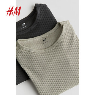 H&M2024秋季童装婴儿男婴2件装罗纹汗布上衣1166860 卡其绿/深灰色 66/48 4-6M