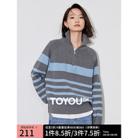 初语减龄条纹针织衫女2024秋冬拉链polo领套头撞色长袖毛衣 灰蓝间条 L