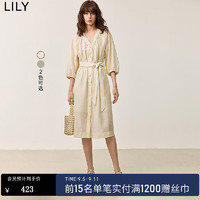 丽丽 LILY2024秋女装莱赛尔含醋酸微光泽抽褶V领收腰系带连衣裙女 604米白 M